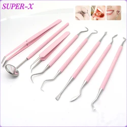 8pcs/set Pink Color Dental Mouth Mirror Tweezers Probe Stainless Steel Double Heads Hygiene Explorer Probe Hook Dentist Tool