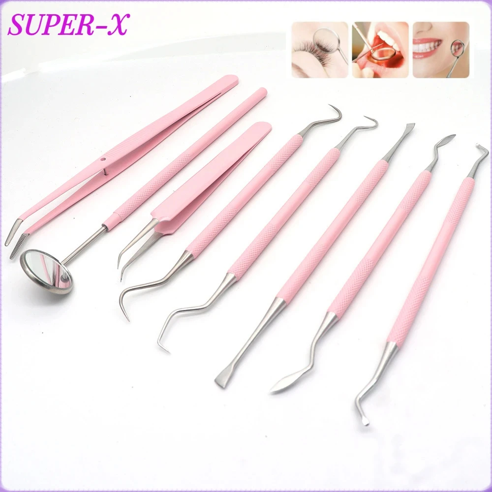 8pcs/set Pink Color Dental Mouth Mirror Tweezers Probe Stainless Steel Double Heads Hygiene Explorer Probe Hook Dentist Tool