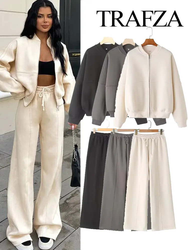 TRAFZA Women's Fall 2-Piece Retro Solid Color Zip Bomber Jacket Sweatshirt+High Waist Lace Up Women's Wide Leg Pants Street Wear