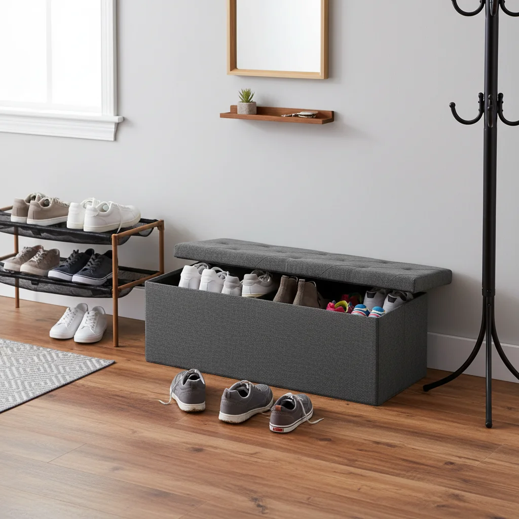 مقعد عثماني للتخزين قابل للطي مع مقعد مبطن، مقعد مسند للقدمين مقاس 43 بوصة لغرفة النوم أو غرفة المعيشة، يدعم 660 رطلًا #4