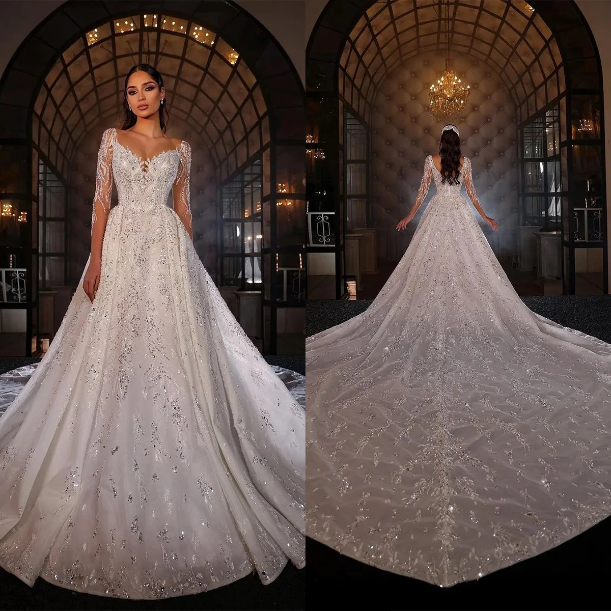 

Elegant Princess Wedding Dresses Sequins Crystal A Line Sweetheart Neck Bride Gowns Long Sleeves Custom Made Robes De Mariée