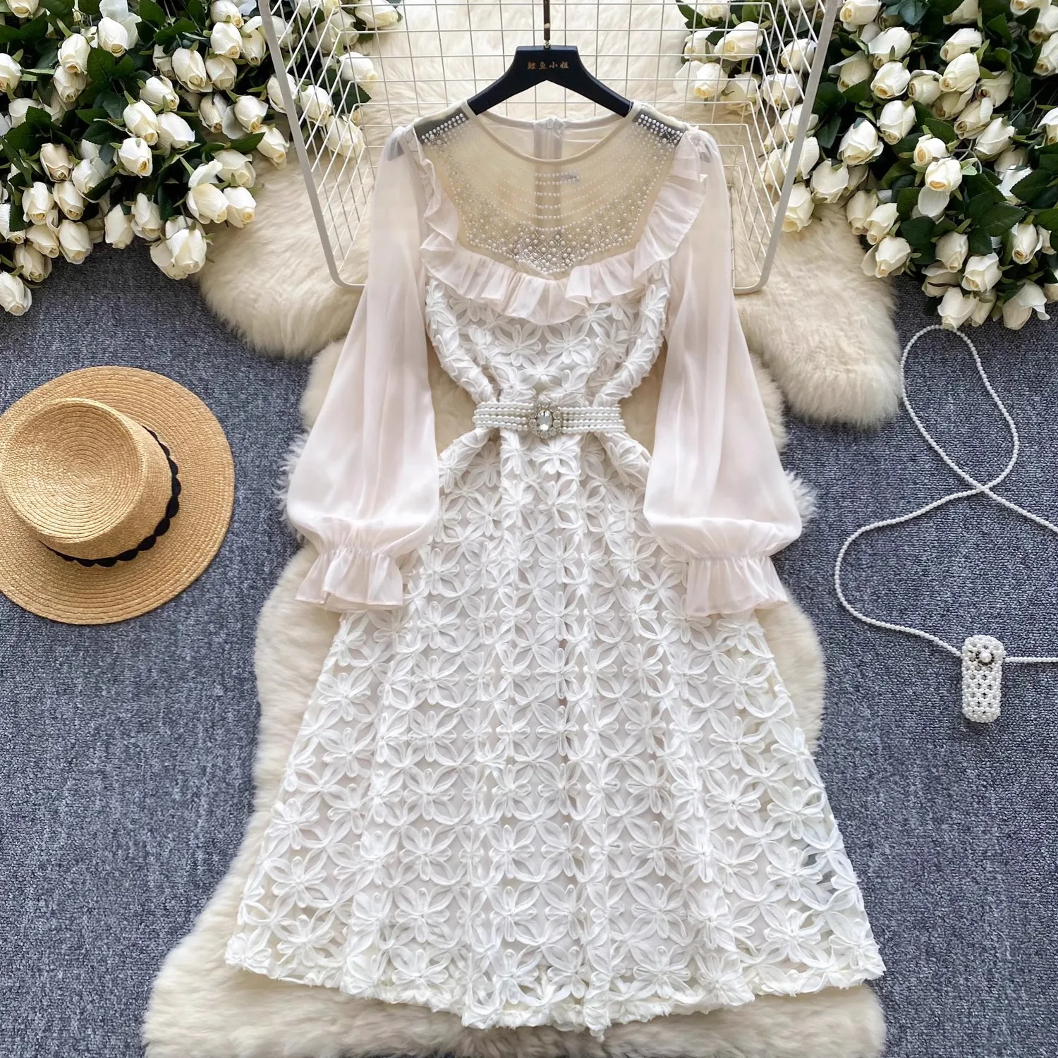 Luxury Crystal Beaded Embroidery Flower Dress Women's Long Flare Sleeve Ruffles Mesh Sleeve Beading Belt Evening Party Vestidos