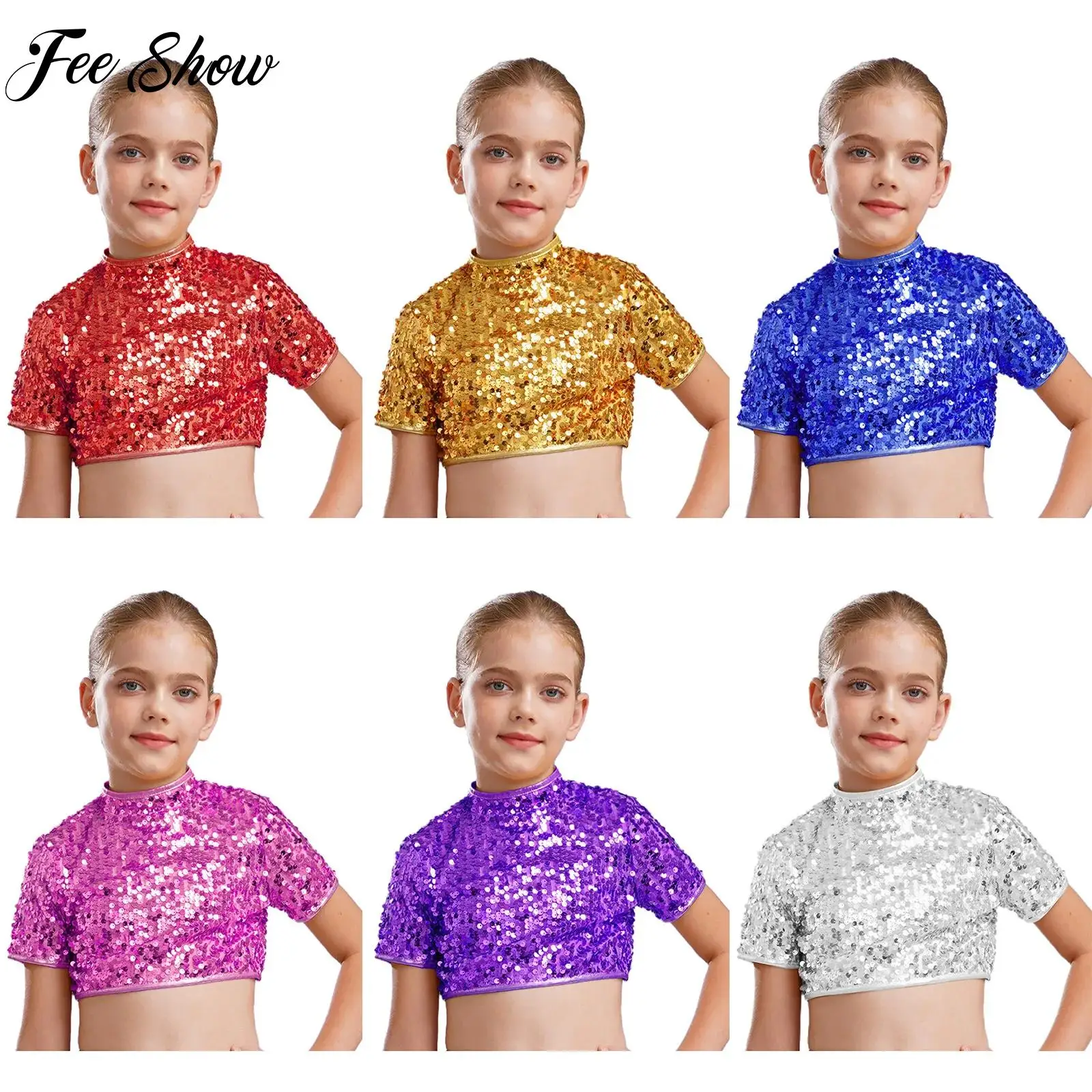 

2025 Jazz Dance Kids Girls Stage Dance Clothing Short Sleeve Sequins Crop Top Child Teen Hip-pop Performance Latin Dance Costume