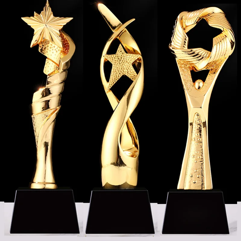 

Creative Electroplating Golden Resin Trophy Five-Pointed Star Custom competition Award Free Design Lettering Base Crystal Trophy