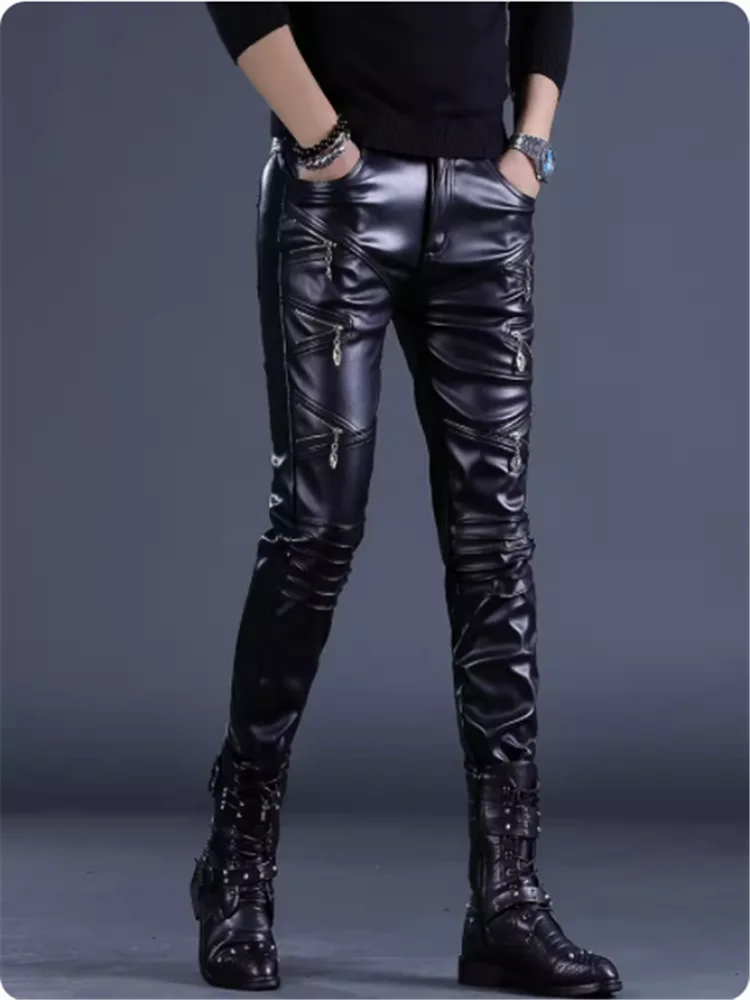 2023 Men's show Leather pants Nightclub bar DS singer Hipster male dj show dress slim pants Punk stud pants