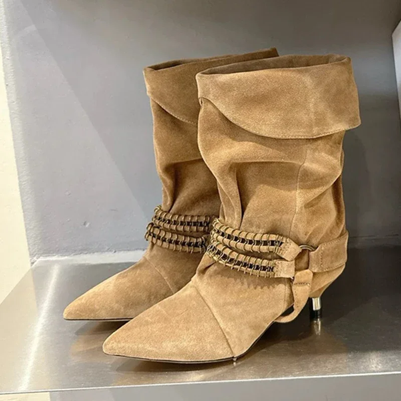 

Fashion Design Chain Metal Buckle Mid Calf Boots Woman Vintage Pointed Toe Strange Low Thin Heel Autumn Winter Ladies Shoe
