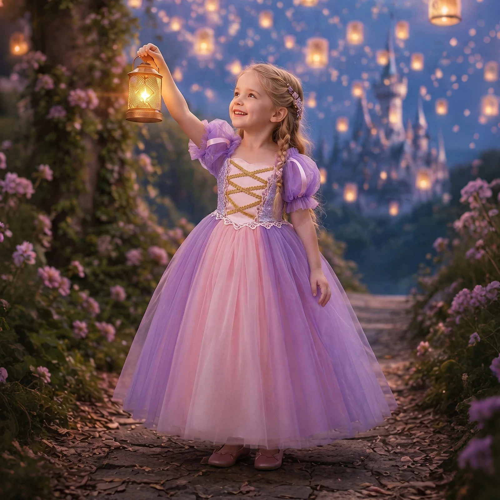 Little girl's light purple sequined puffy tulle dress with bubble sleeves, elegant holiday party dress, princess dress, Rapunzel dress for girls, suitable for girls' birthday parties and prom performances