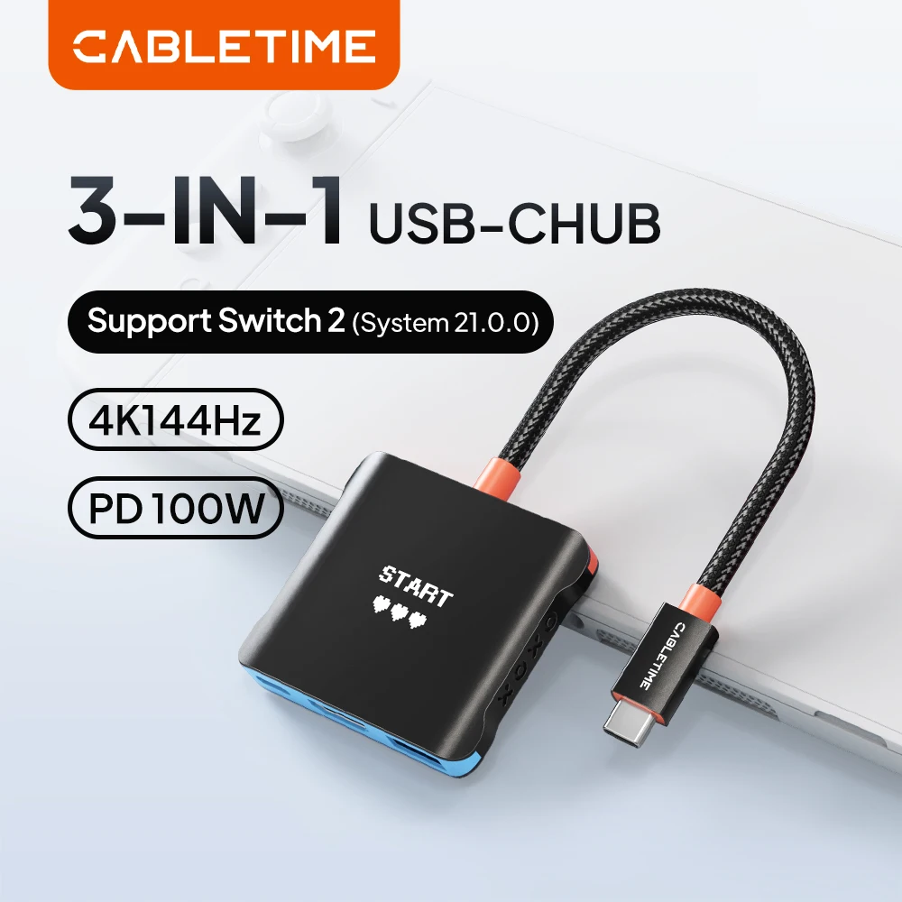 CABLETIME 3 IN 1 HUB 4K144Hz PD100W 5 Gbps Aluminum Shell Support Switch 2/1 for HUAWEI Tablets Laptop