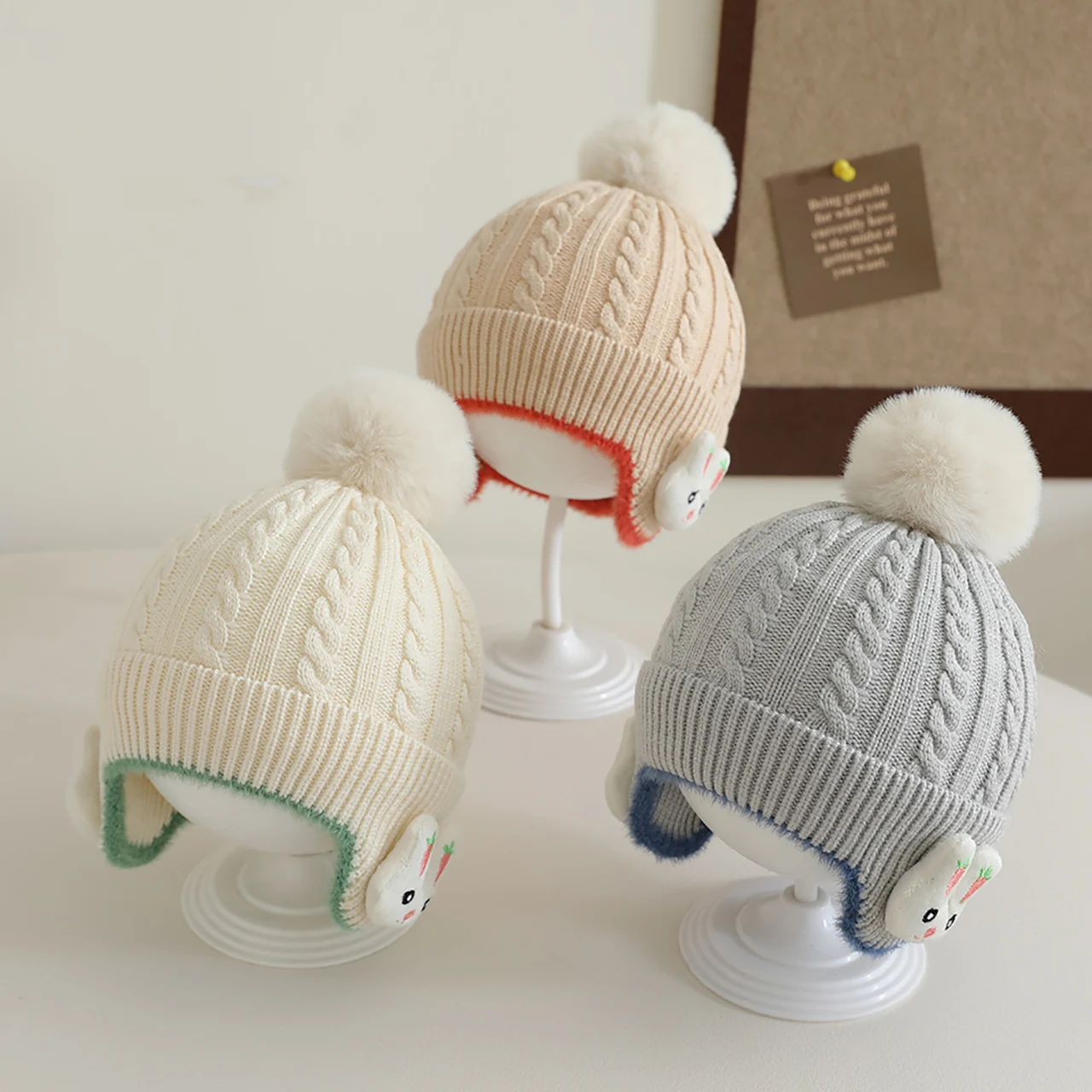 

Winter Warm Baby Earmuffs Cap Cartoon Children Bonnet Cute Rabbit Ear Protection Hat Kids Woolen Knit Pompom Beanie