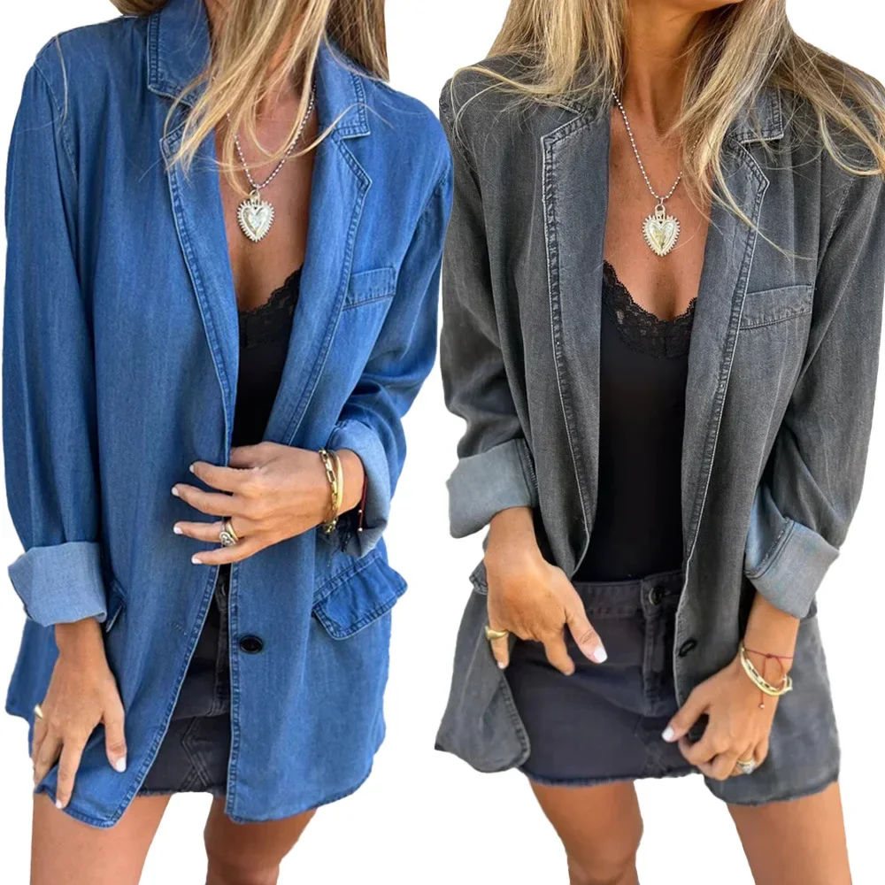 

Spring and Summer Fashion Denim Jacket with Pockets, European and American Ladies Loose Single Button Suit Collar Denim Jacket