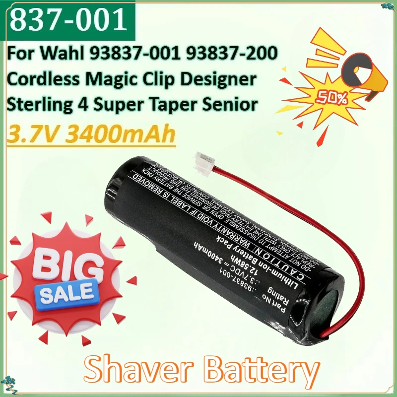 

New 3.7V 3400mAh 12.58Wh 837-001 Battery for Wah 93837-200 93837-001 Cordless Magic Clip Designer Sterling 4 Super Taper Senior