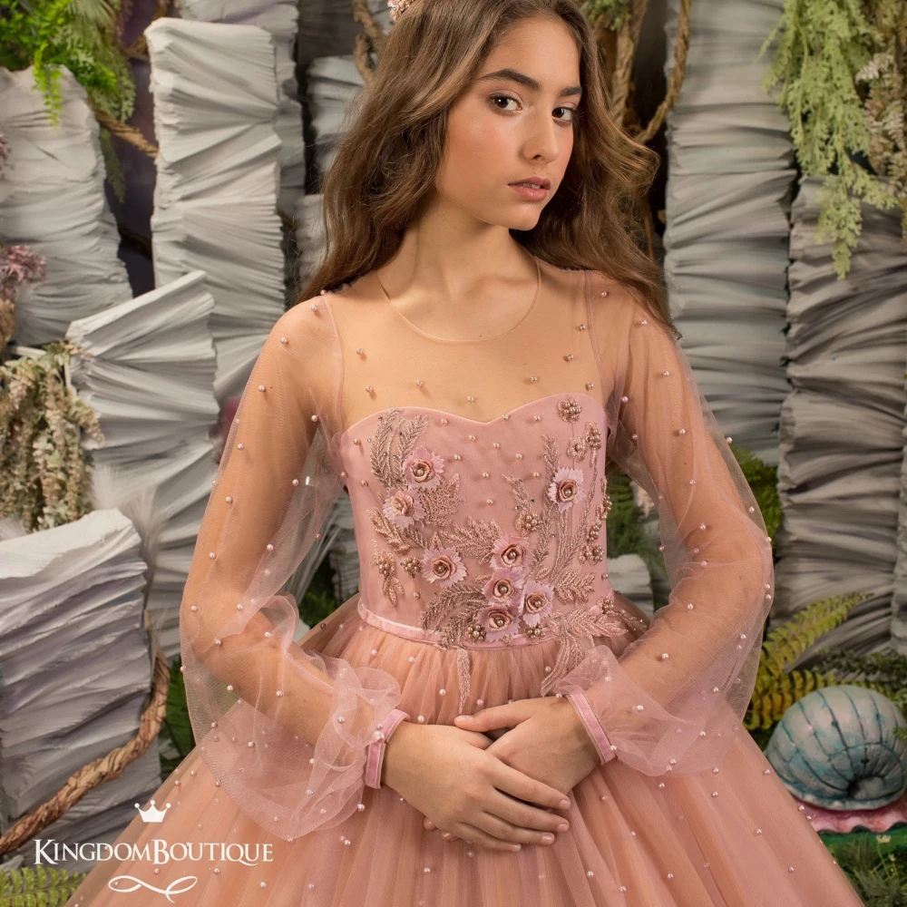 Lorencia-vestido de niña de flores brillante para boda, Vestido de manga larga con cuentas de perlas, vestidos de primera comunión para cumpleaños de princesa, YFD09