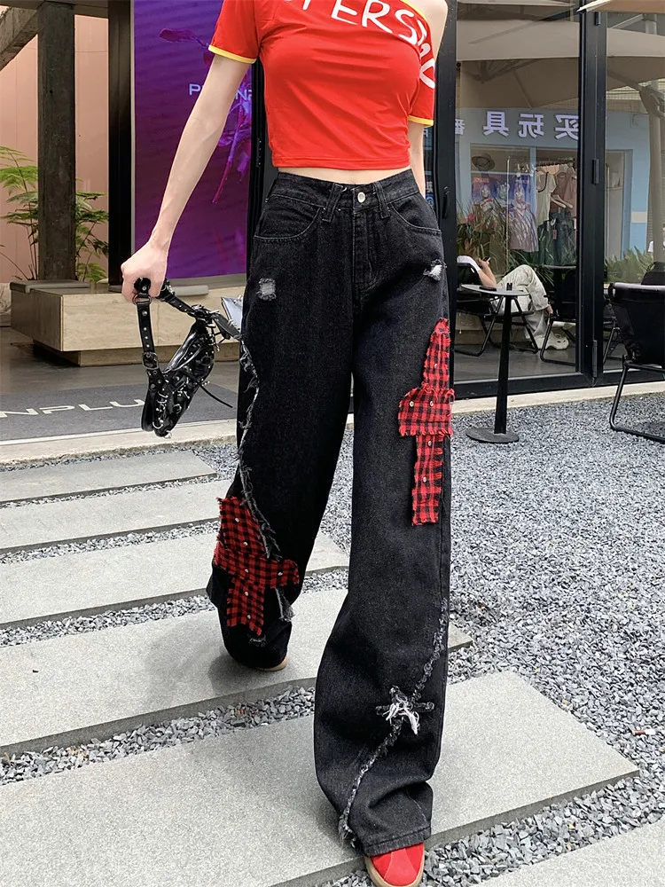 2024 Ropa Y2K Grunge Patchwork Baggy Ripped Stacked Jeans Pants Women Clothes Streetwear Black New Rock Straight Lady Trousers