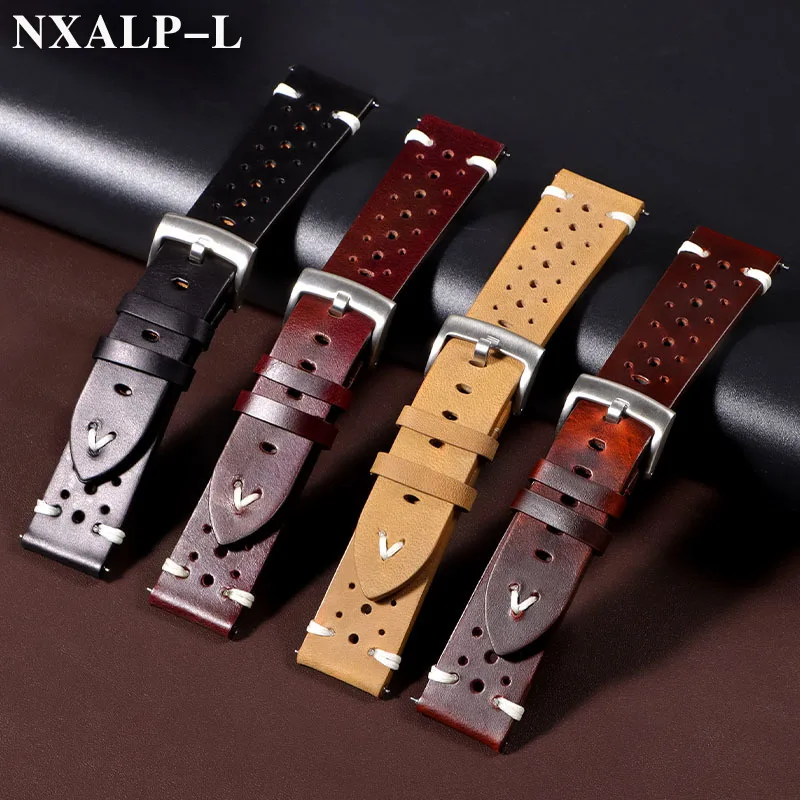 الرجعية النفط الشمع تلون الجلود حزام ساعة اليد 20 مللي متر 22 مللي متر اليدوية خياطة جلد البقر حزام الساعات تنفس الإفراج السريع سوار