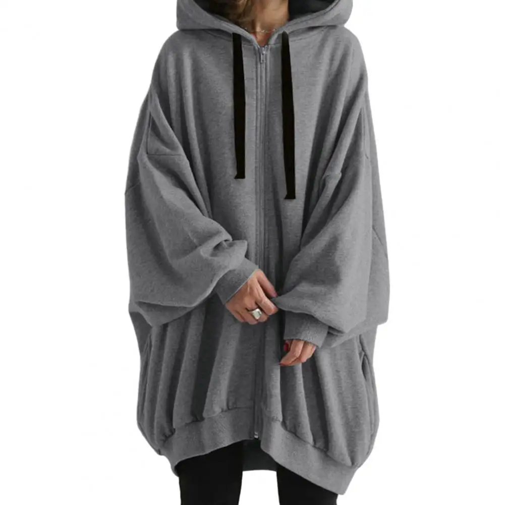 Women Autumn Hooded Drawstring Sweatshirt Coat Long Sleeve Pockets Zipper Placket Mid-length Solid Color Hoodie Outwear