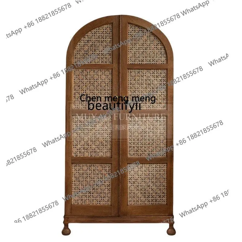 New arrive French retro solid wood wardrobe American antique home bedroom antique arched rattan wardrobe