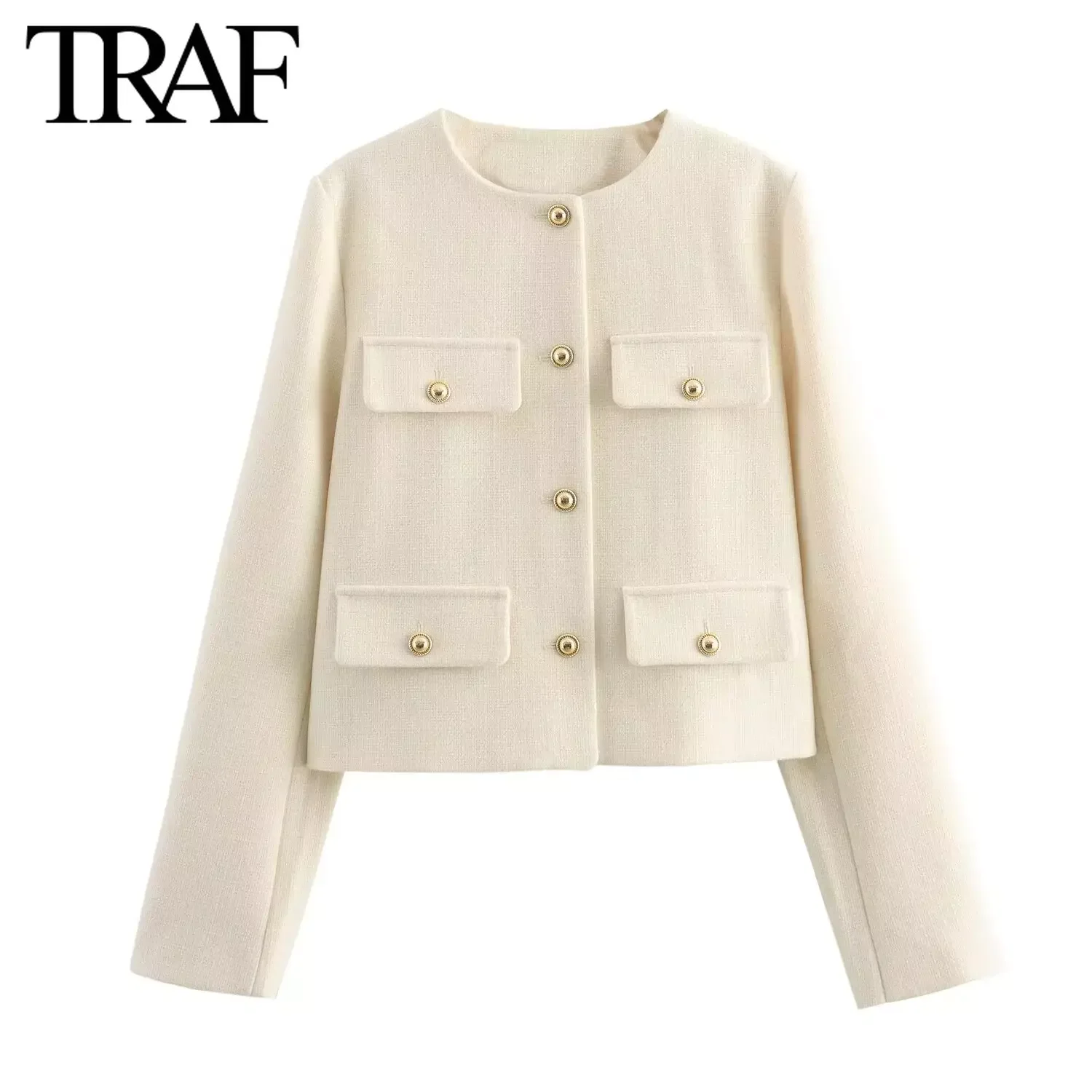 TRAF Women Fashion Autumn Winter Single-breasted Textured Round Neck Flip Pocket Short Jacket Coat Chic Ladies Tops Mujer