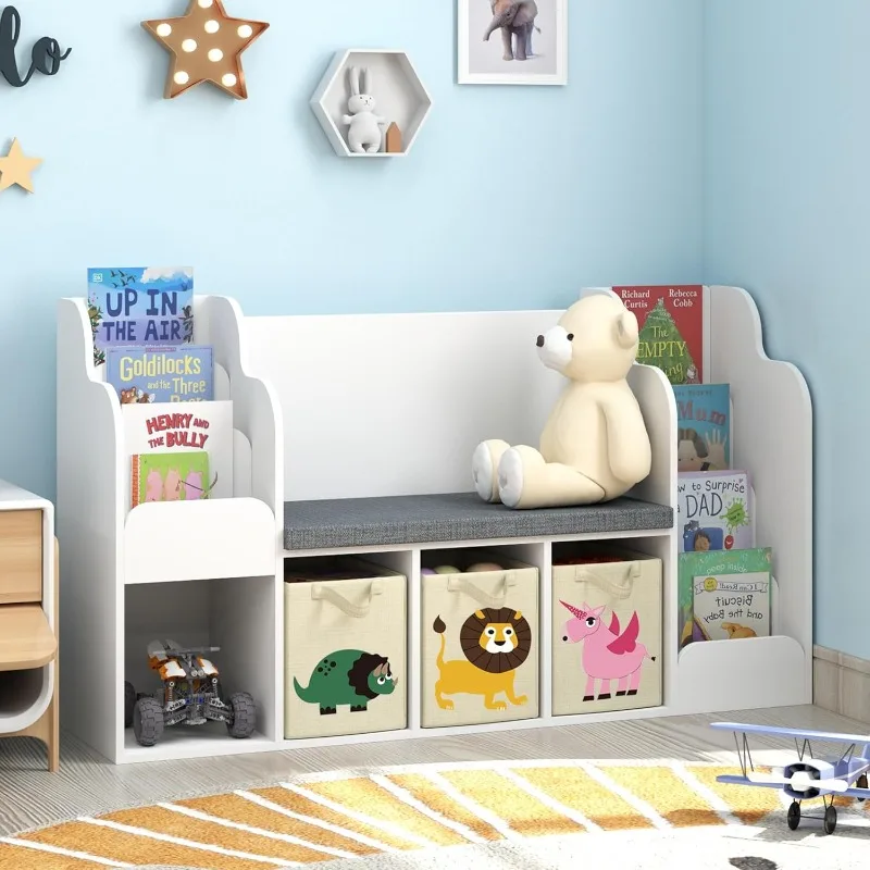 

Toy storage rack with seat cushions, children's reading corner with bench white