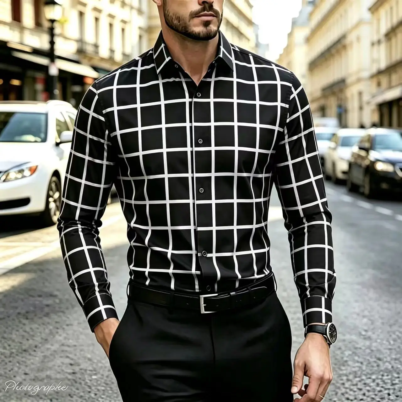Men's long sleeved checkered shirt, fashionable lapel shirt, casual business, comfortable and breathable, streetwear, XS-6XL