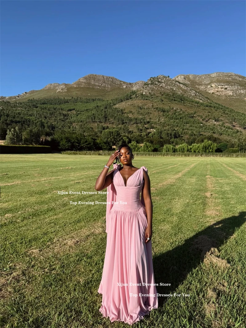 

Xijun Pink Chiffon Long Evening Dresses V-Neck A-Line Sleeveless Formal Prom Dresses Pleated Maxi Women Prom Gowns Customized