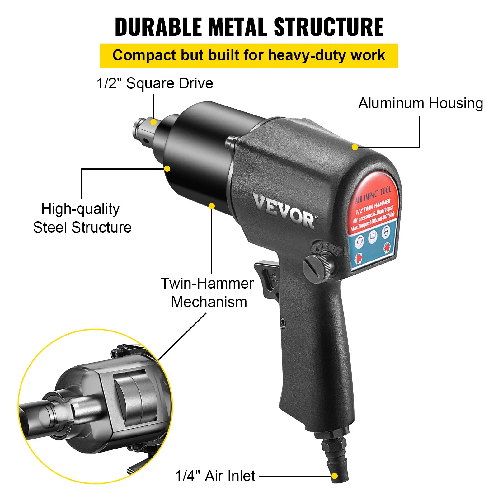 VEVOR Avvitatore a Impulsi, 660 Nm Avvitatori a Massa Battente in Acciaio e Alluminio, Dimensioni Unità Quadrate 12,7mm Trapano Avvitatore a Percussione Nero, Velocità 7500 rpm, per Riparazione Auto