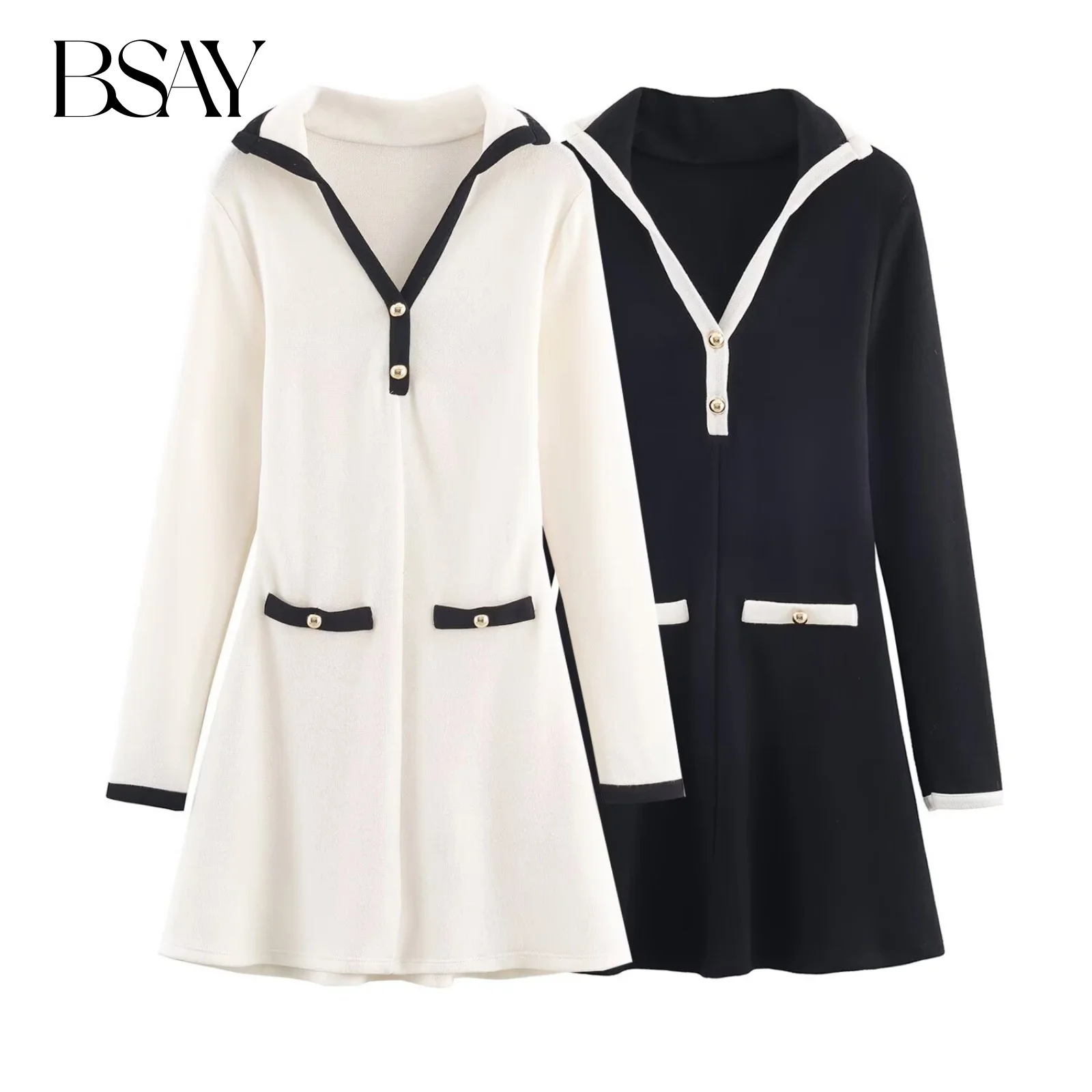BSAY Weiche Gestrickte Kurze Kleid frauen kleidung Mode Herbst Winter Lange Ärmel Einreiher Frankreich Weibliche Abendkleider