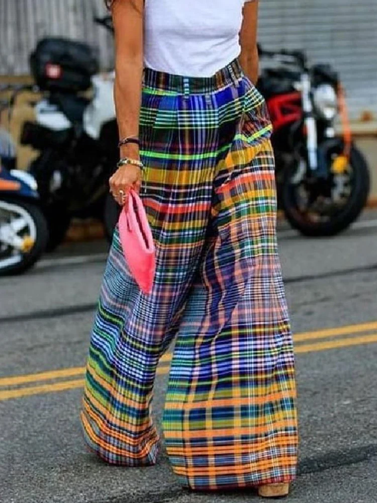 

Uslemon New Female Vintage Multi-colored Plaid Pants Spring and Summer Loose Casual Floor-length Wide Leg Pants for Women