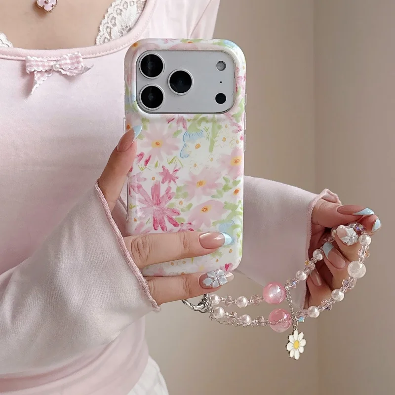 

Fashion Colorful Flower Oil Painting Phone Case For iPhone 17 Pro 16 15 Pro Max Cover with Chain Lovely Protective Cases For Gir