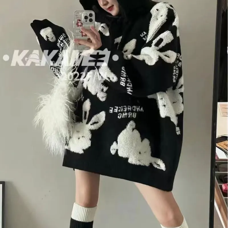 Mode Cartoon Kaninchen Strick pullover Herbst Winter lässig O-Ausschnitt lose pendeln Damen bekleidung koreanischen Brief Midi Pullover