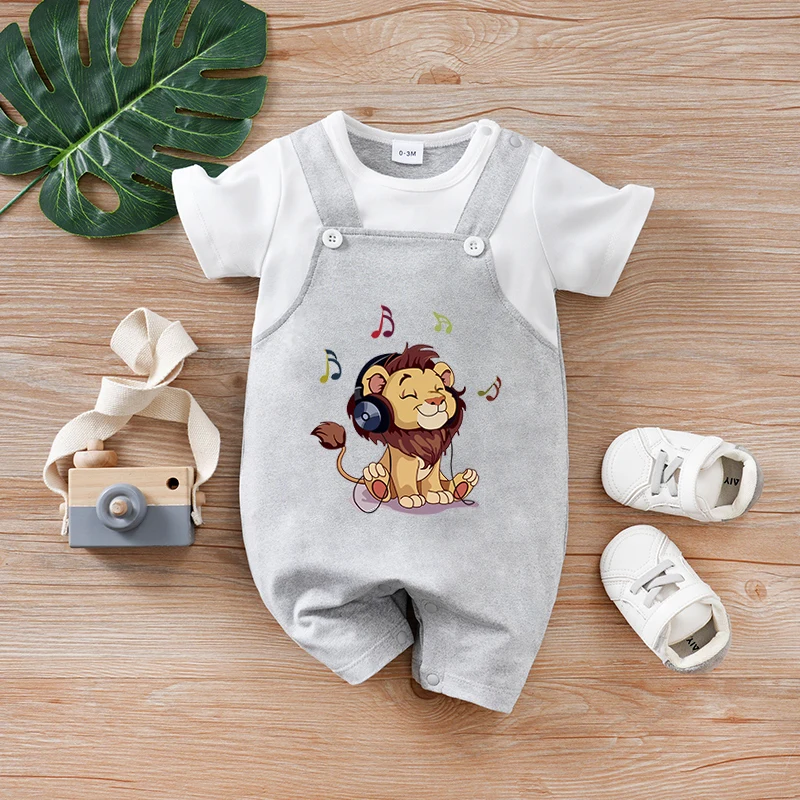 Newborn baby summer gray short-sleeved fake two-piece suspender musical lion round-neck bodysuit, soft and comfortable, suitabl