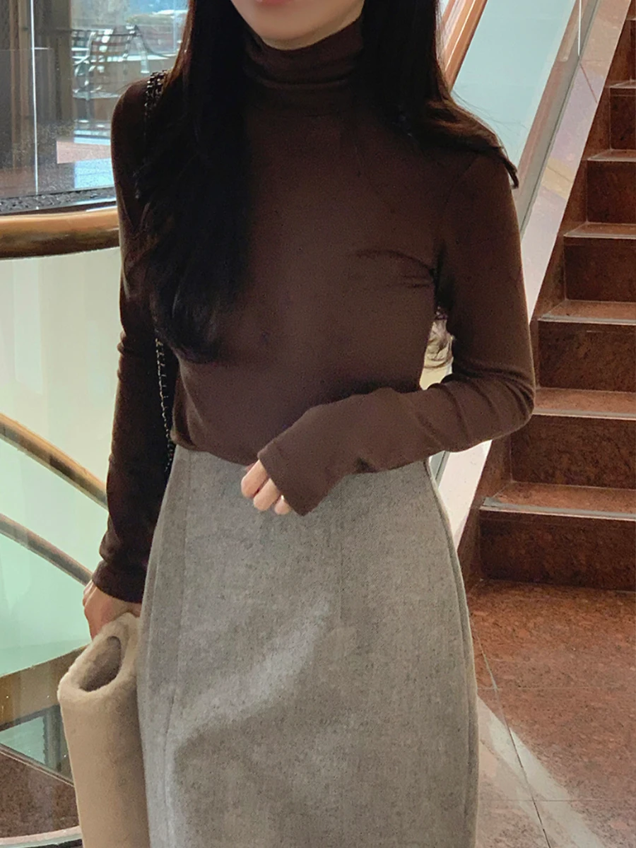 

High Collar Knitted Base irt Women's Inner Wear Spring Autumn Coffee Color Overhead Sweater Top Korean Sle Slim Fit Long ...