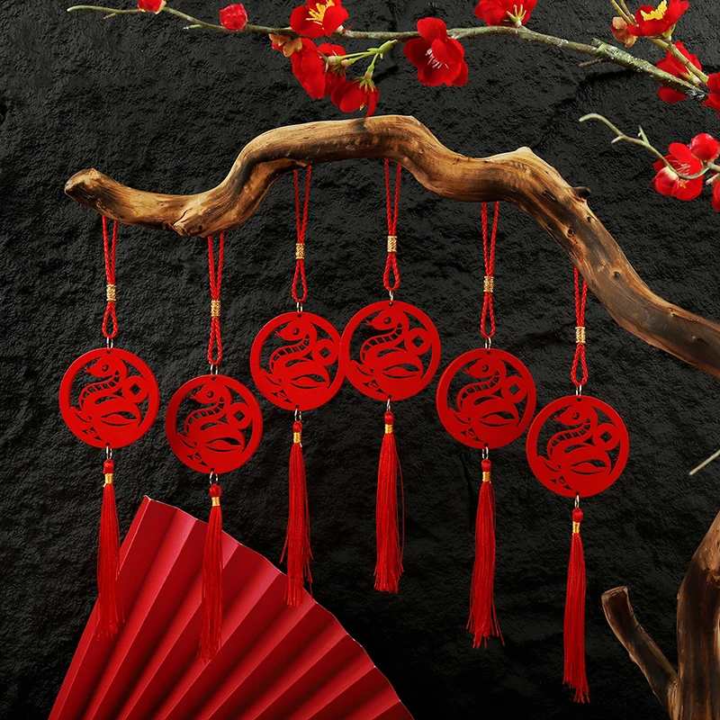 10Pcs 2025 Snake Tassel Pendant Bonsai Ornament Wooden Chinese Style Spring Festival Supplies Front Door Car Interior Decoration