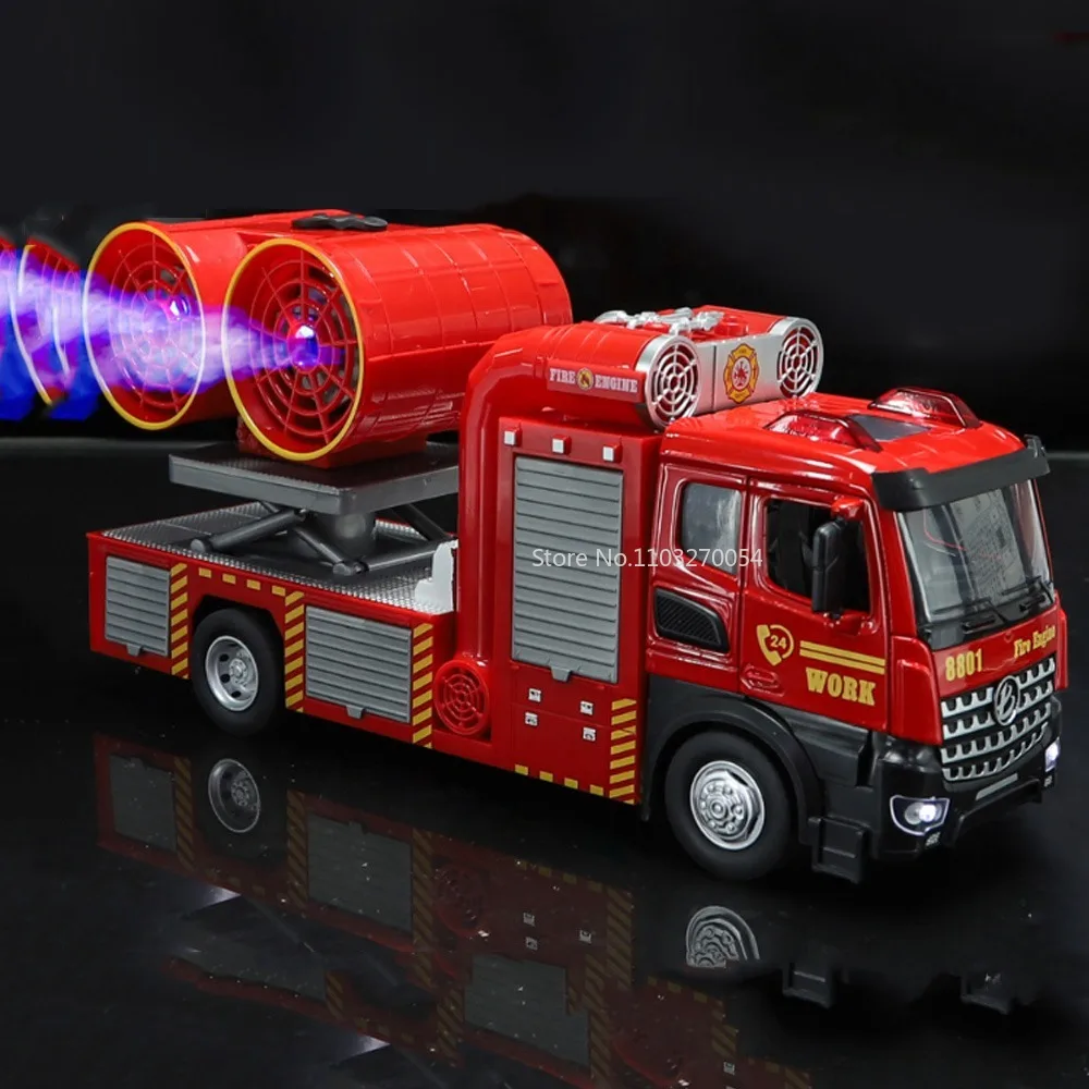 1/18 Scale Exhaust Fire Truck Model Alloy Diecast Toy Car Exhaust Spray Sound Effect Pull Back Vehicle with Storage Bin Boy Gift