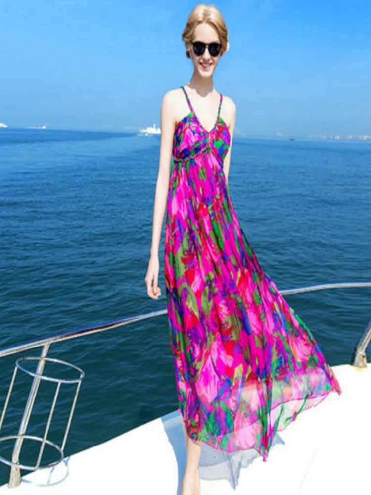 New Silk Dress Gown Women Shell Natural High Quality Holiday Beach dress Elegent Rose Print dresses girl Free Shipping