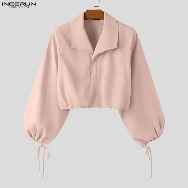 INCERUN Men Shirt Solid Color Lapel Long Sleeve Lace Up Casual Men Clothing Streetwear Spring 2026 Fashion Crop Tops Men Shirts