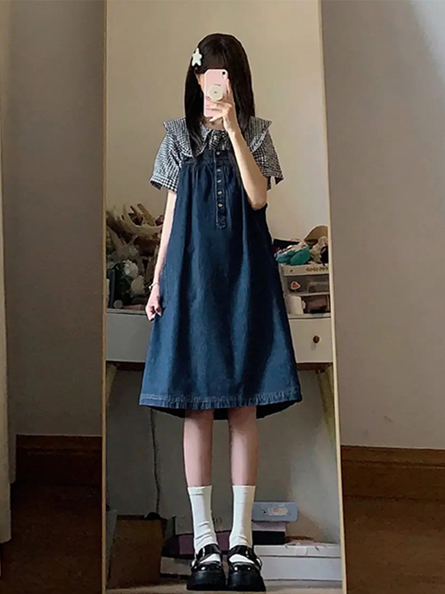 

Sweet Sle ort Sve Plaid irt Women's ature Korean Sle Doll Collar Top Bla White id Design Spring Faion