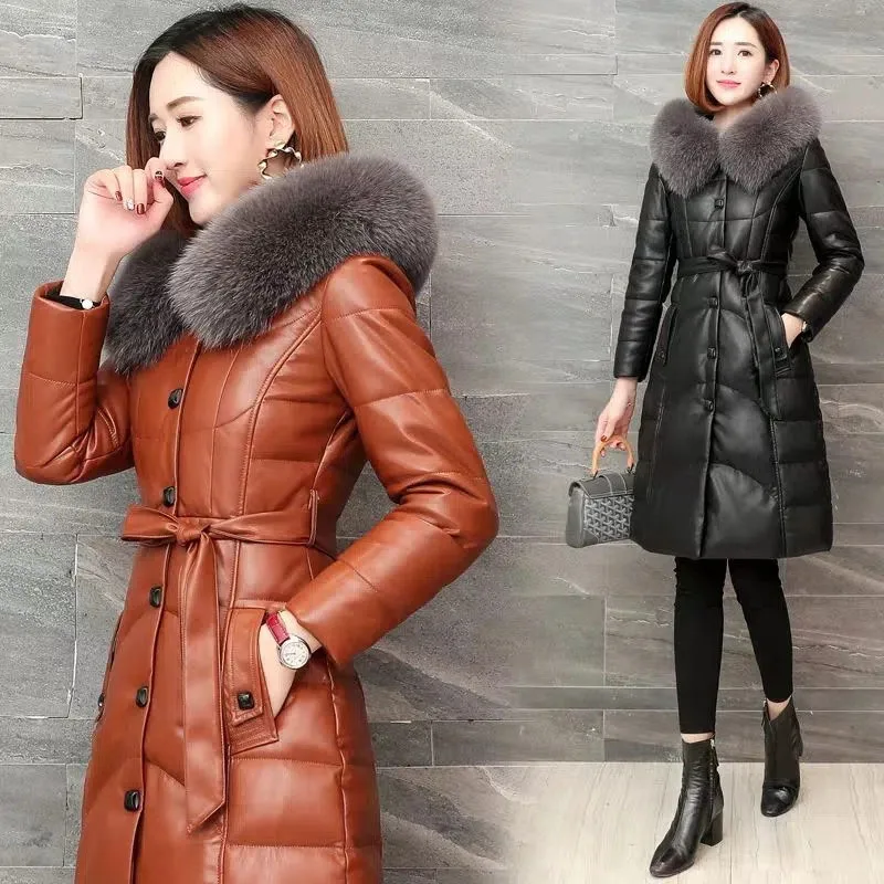 2022 Black Leather Fur Overcoat Women Imitation Fox Fur Collar Long Fashion Hooded Coats PU Leather Cotton Coat Belt Outerwear