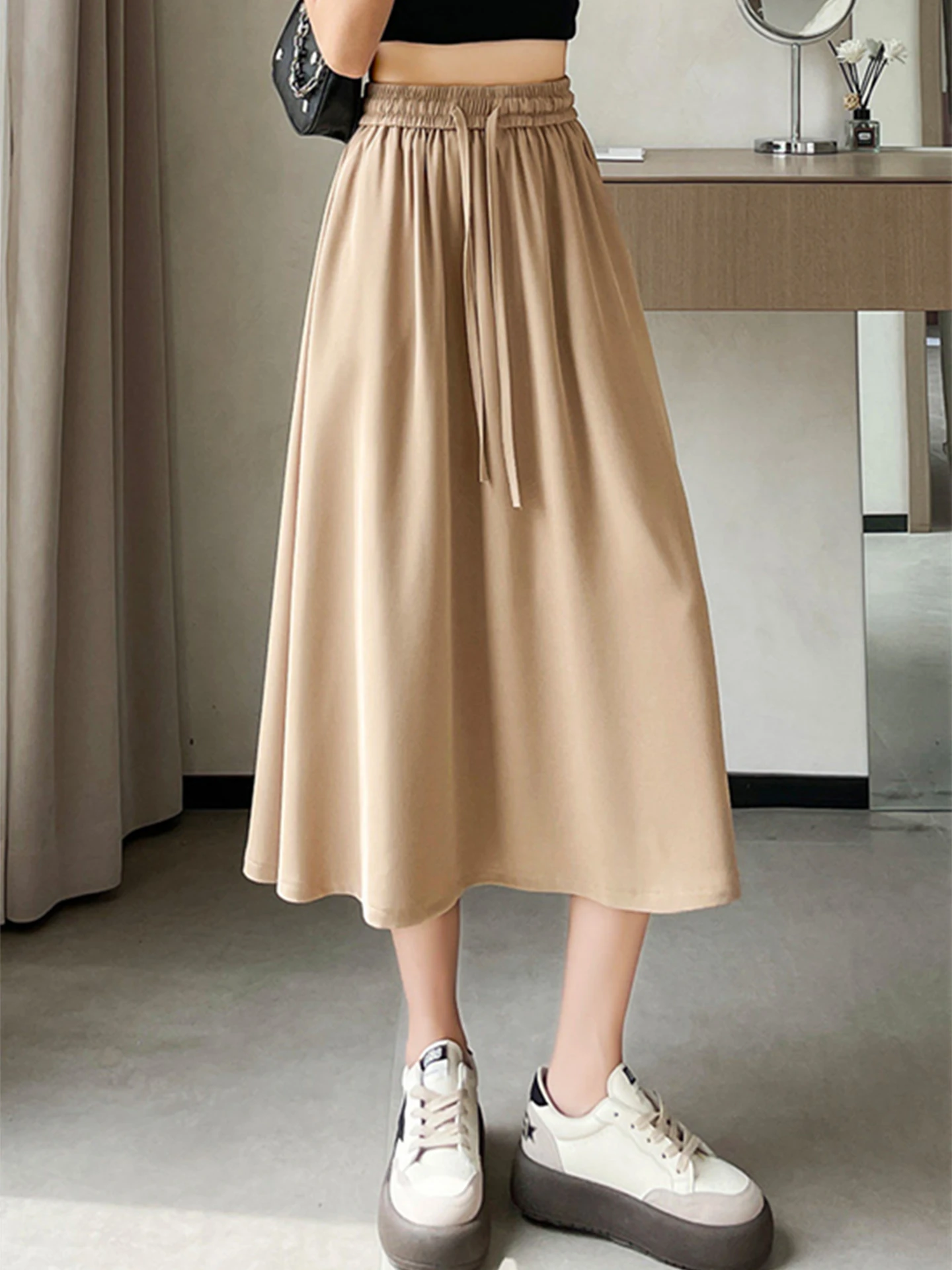 

Юбка А-силуэта средней длины из ледяного шелка с высокой талией, тонкая, свободного кроя, повседневная, летняя, для женщин больших размеров, из полиэфирного волокна