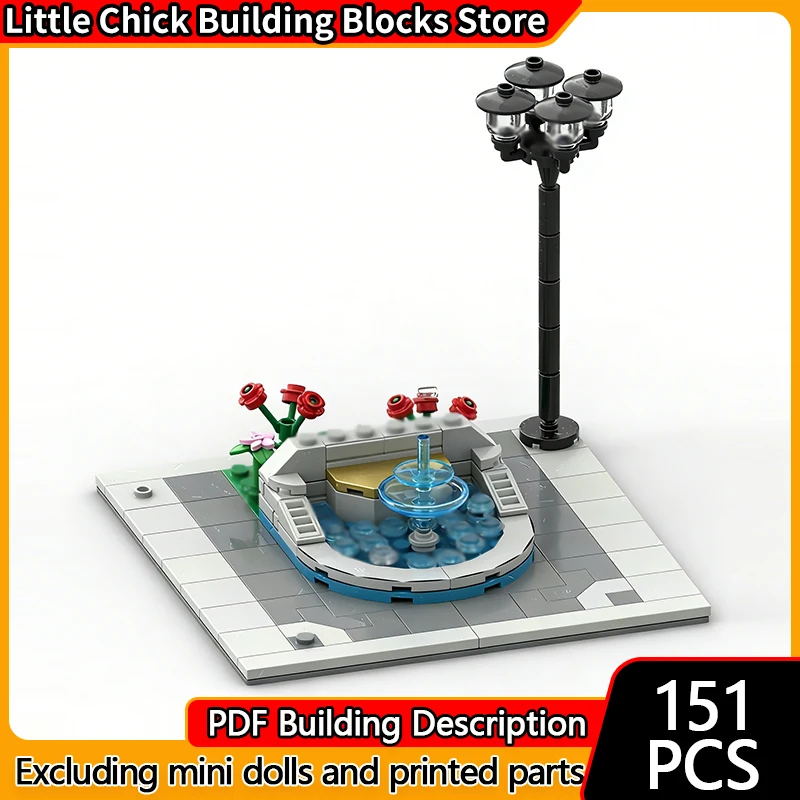 

Модель с видом на улицу MOC, строительные кирпичи Plaza с фонтаном и цветами, модульная технология, детский праздничный подарок, сборный игрушечный костюм