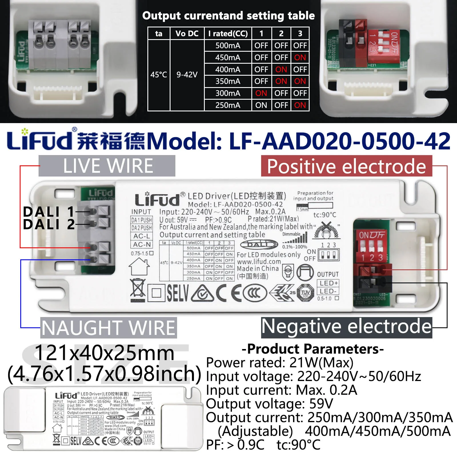 LiFud 8.4W 21W 31.5W 40W DALI CC Dimming Driver AC220-240V Power Adaptor DC9-42V LED Power Supply 100-1050mA Current Tunable