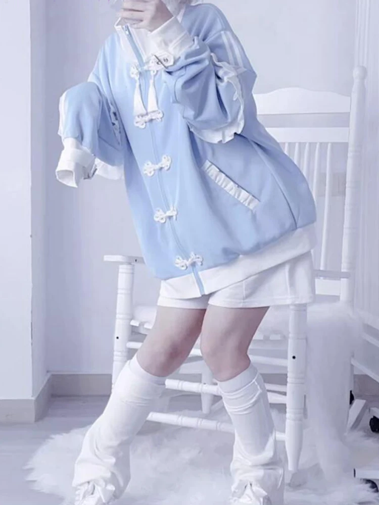 Fashion Japanese Y2k Sweatshirt Kawaii Jacket Harajuku Blue Detachable Sleeve Zip-Up Cutecore Jacket Loose 2000s Style Hoodies