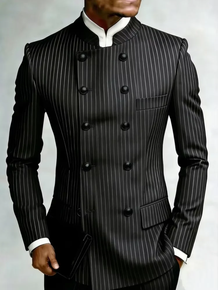 Mens Black White Pinstripe Mandarin Collar Double Breasted Slim Fit Blazer For Corporate Formal Office Meeting