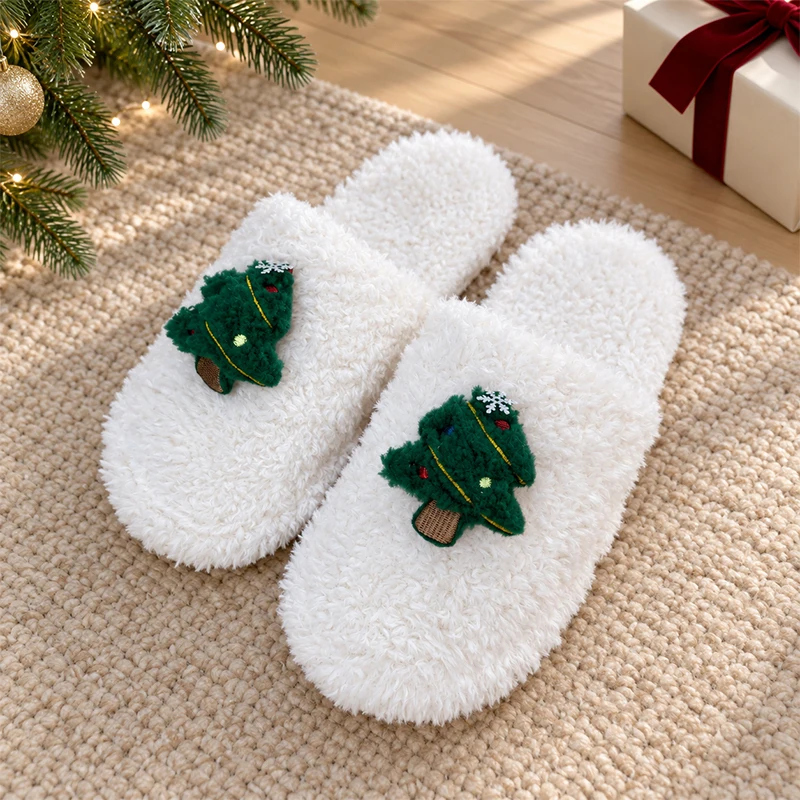 ZUOFU Weihnachts-Plüsch-Hausschuhe für Damen, Herren und Paare, Rentier, Weihnachtsmann, Schneemann, Baum, Glocke, Handschuh, warm, flauschig, rutschfest, für drinnen und zu Hause – Detail 3