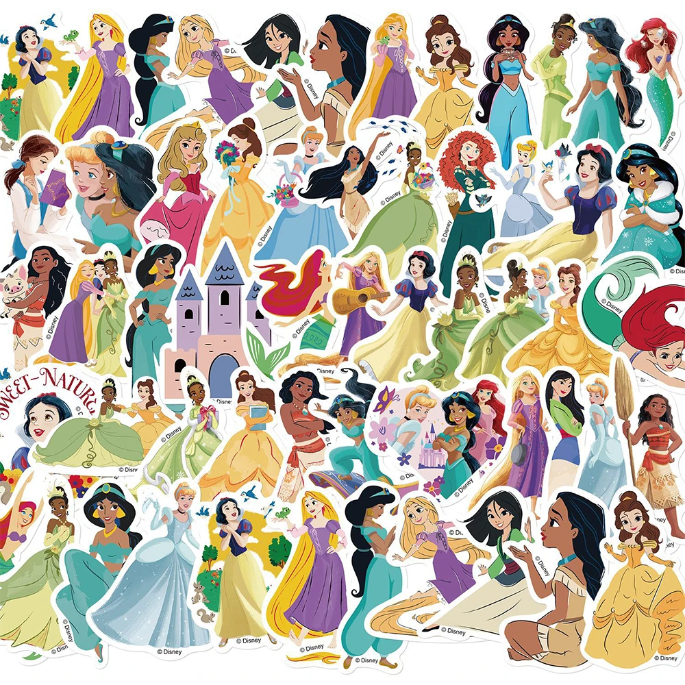50pcs Cute Mixed Disney Princess Cartoon Stickers Kawaii Ariel Snow White Decals Toys DIY Diary Laptop Reward Decoration Sticker