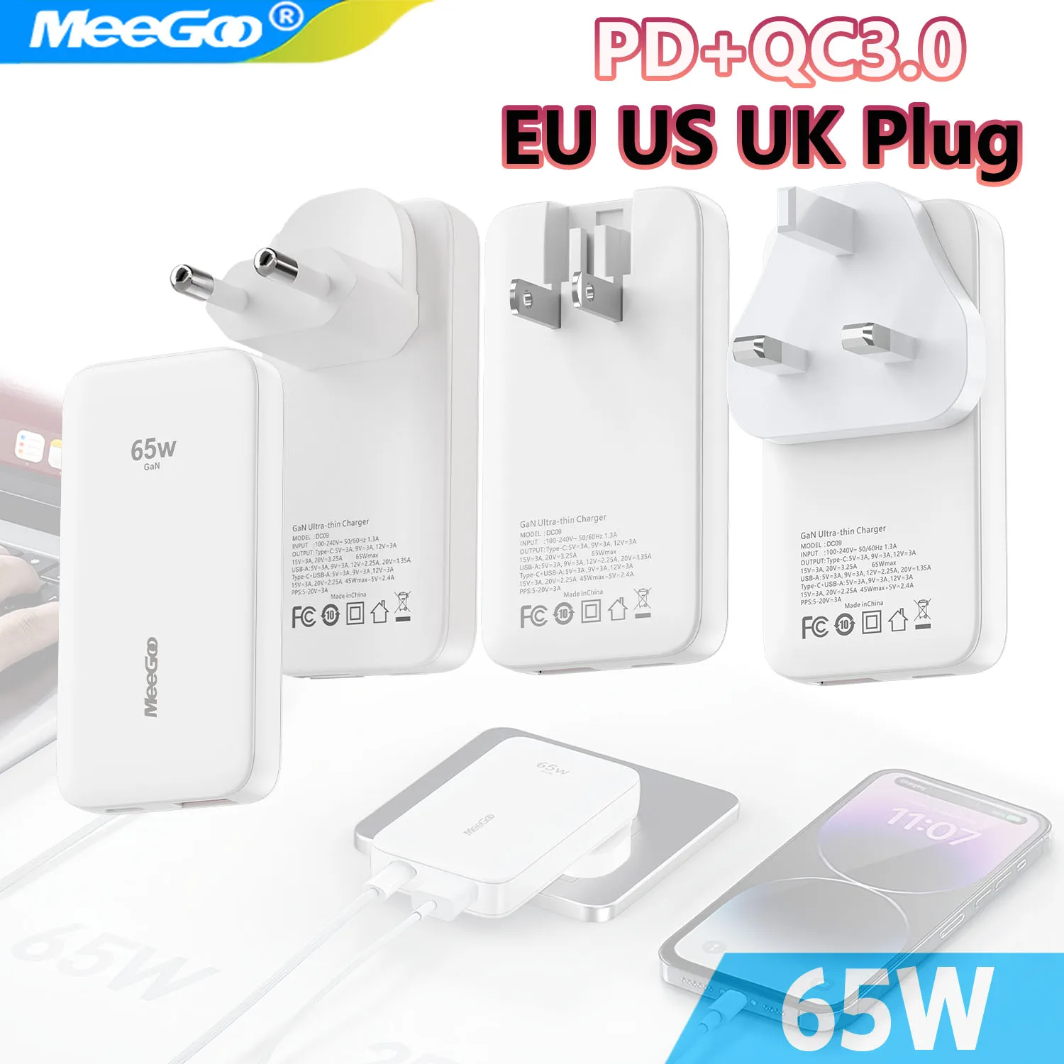 

MeeGoo Ultra Thin 65W GaN Travel Charger Quick Charge 4.0 PD3.0 PPS Портативное зарядное устройство типа C для ноутбука iPhone Samsung Macbook