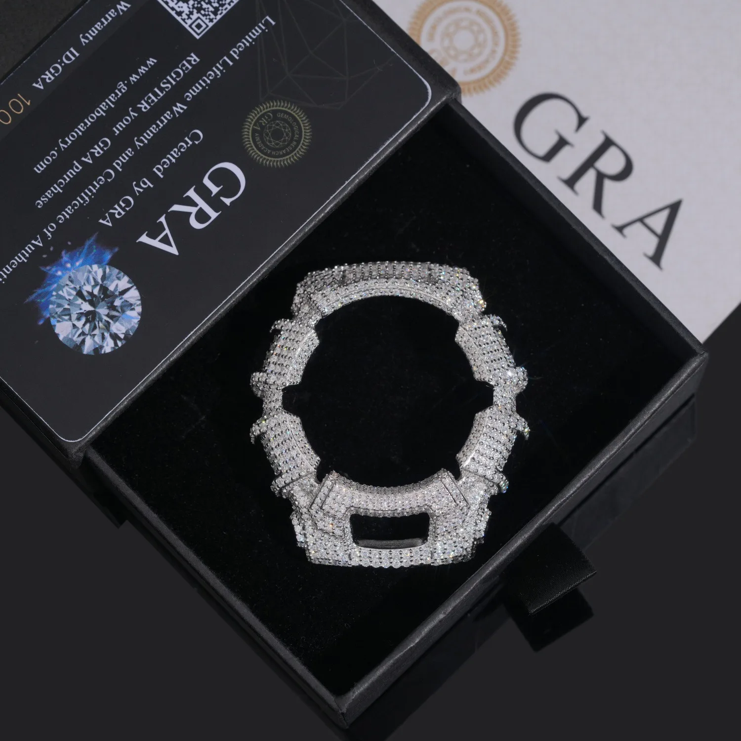 

Iced-Out G-Shock Watch Case by GRA. Full-Cover Moissanite Bling, Hip-Hop Luxury in Display Box. Dripping with Diamond-Level Shin