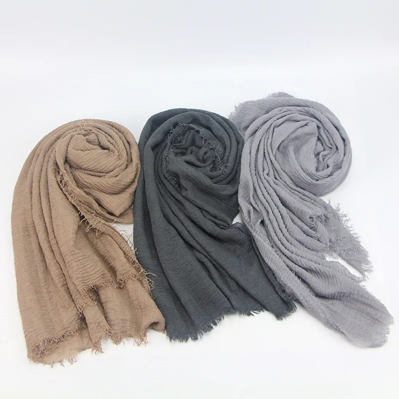 Muslim Hijab For Women Cotton Linen Pleated Solid Color Women\'s Fashion Hijab Turban Elegant Bandana Muslim Fringed Headscarf