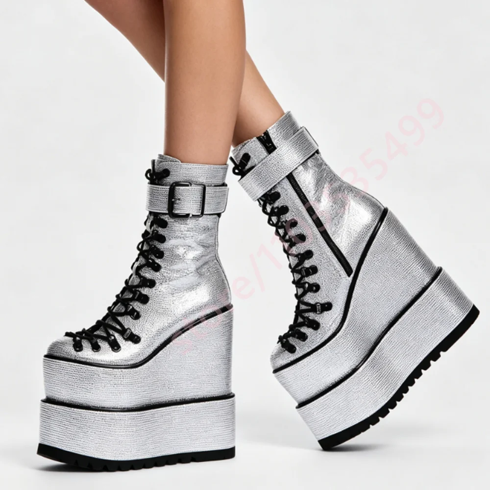 2026 New Silver Punk Style Metallic Platform Ankle Boots Lace-Up Buckle Gothic Punk Boots Women Fashion Stage Show Boots