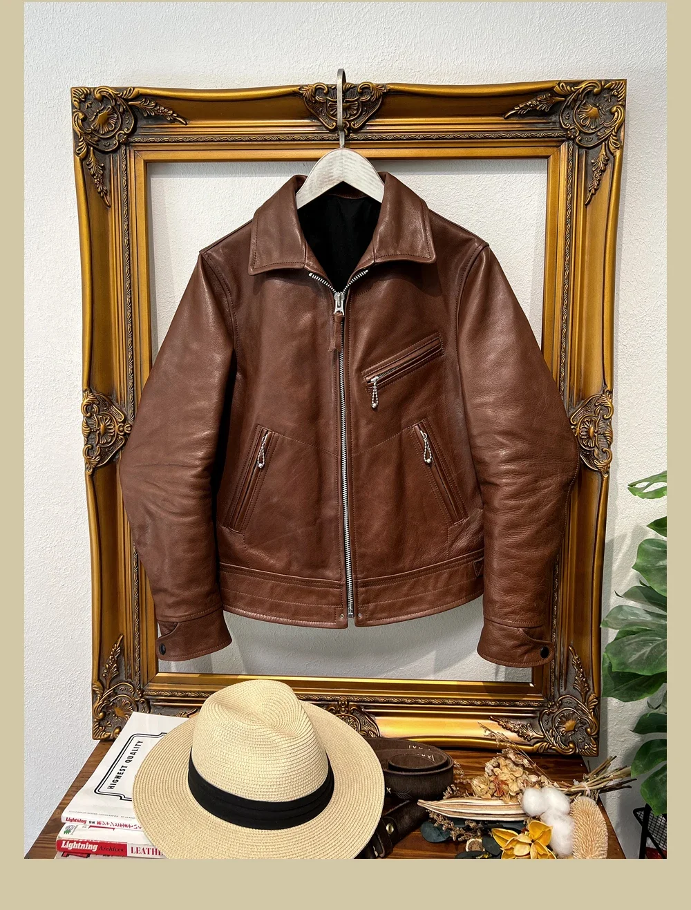 YR!Free shipping.Brown Vintage 1930's Rider leather jacket.quality Men natural tanned calfskin coat,Classic causal leather wear.