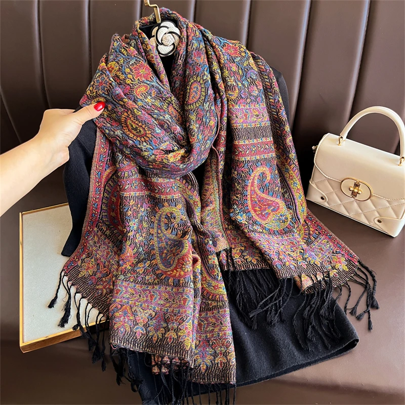 

Luxury Embroidery Pashmina Winter Scarves Women Pareo Cashew Muslim Shawl Warm Wrap Lady Bufanda Elegant Poncho Turban Headscarf